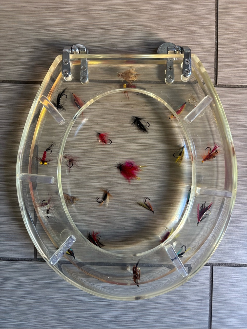 Vintage Clear Resin Lucite Toilet Seat embedded Fishing Flies Lures